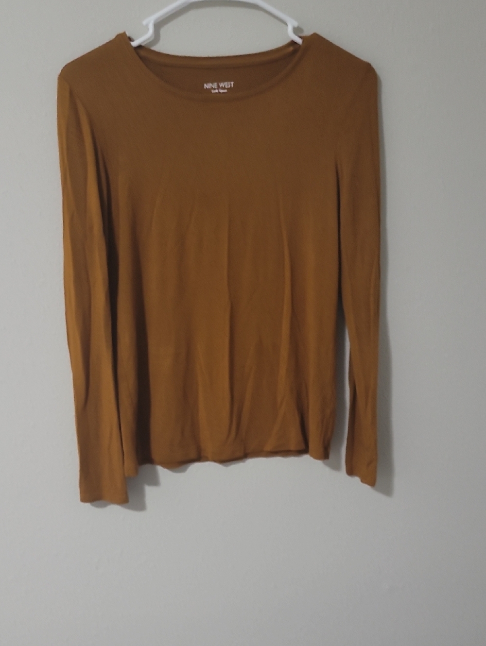 Nine West Long Sleeve Crewneck Top in Camel Brown